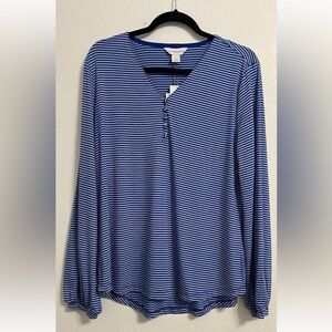 NWT Liz Claiborne Women’s Long Sleeve V Neck Top Shirt Blue Striped Size Large